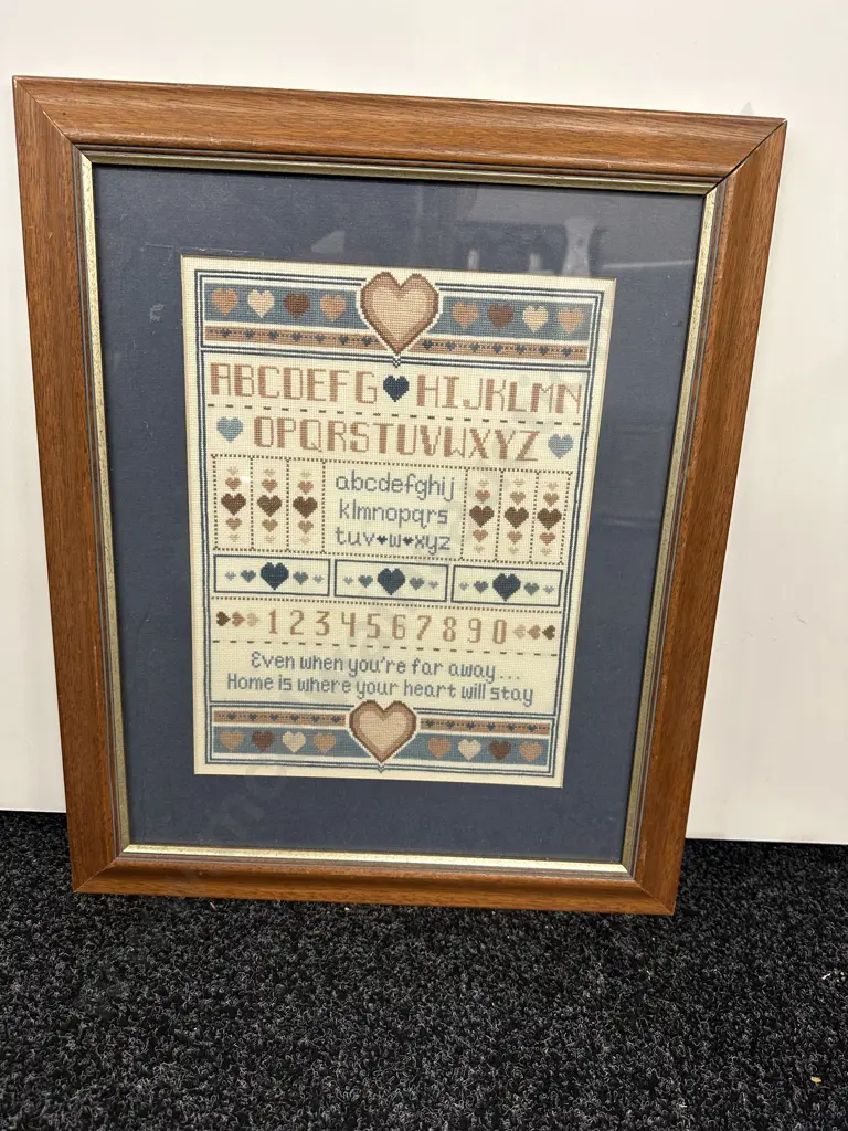 Vintage Framed Glazed Artwork Tapestry Alphabet H52cm, W43cm. Image 1++