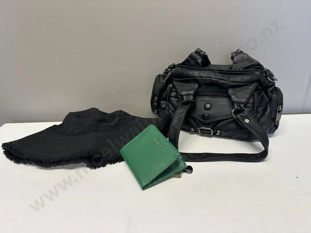 A&C New Black Bucket hat, Hand Bag, Green Marikai Wallet Image 1++