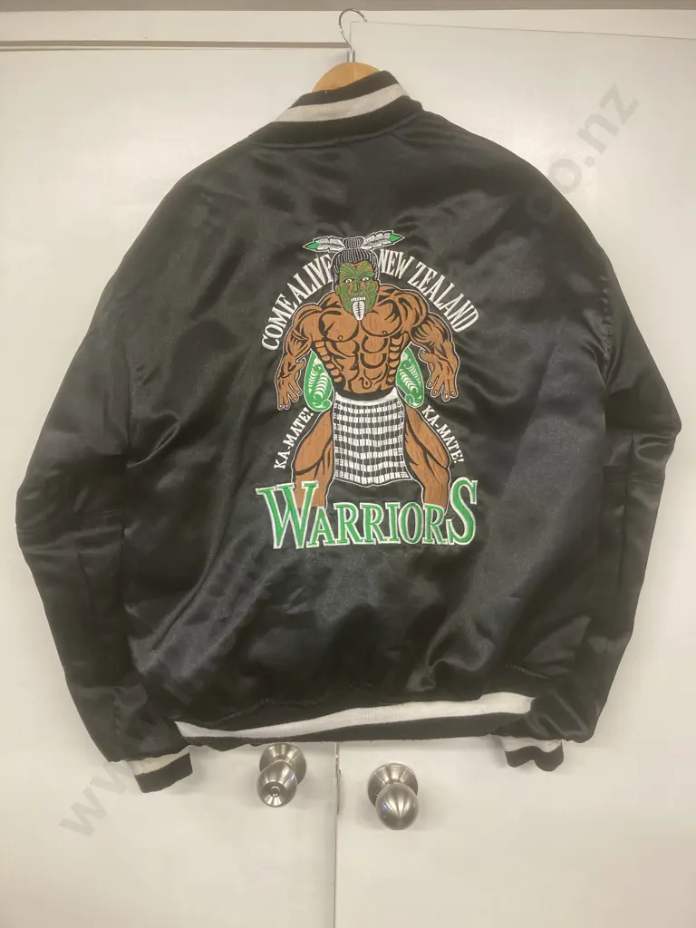 Black Bomber Jacket Sz M, New Zealand With Silver Fern & Warrior On Back Image 1++