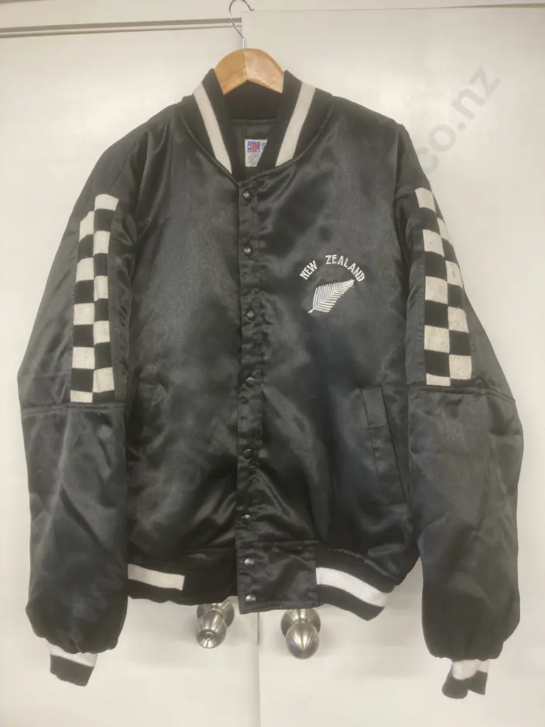 Black Bomber Jacket Sz M, New Zealand With Silver Fern & Warrior On Back Image 1++