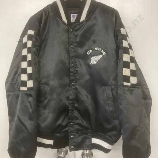 Black Bomber Jacket Sz M, New Zealand With Silver Fern & Warrior On Back