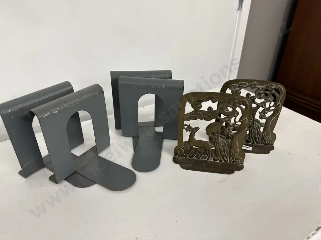 Three Pairs Of Old Metal Bookends, One Set Brass Image 1++
