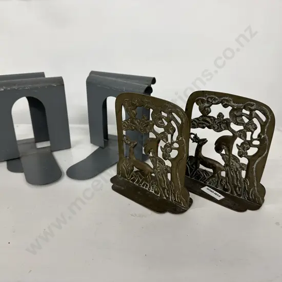 Three Pairs Of Old Metal Bookends, One Set Brass