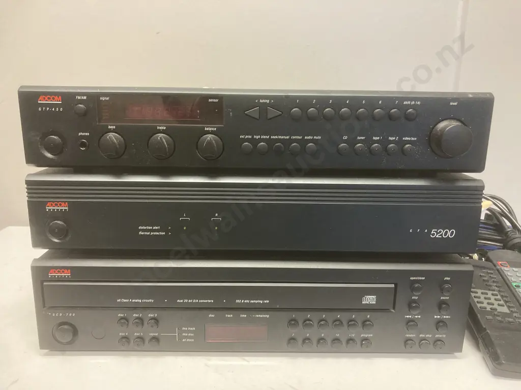 Adcom GTP-450 Stereo Tuner/Preamplifier, GFA 5200 Stereo Power Amplifier, GCD-700 CD Changer, 2 x Remotes, Cables Etc Image 1++