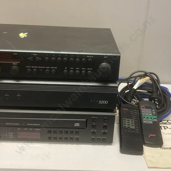 Adcom GTP-450 Stereo Tuner/Preamplifier, GFA 5200 Stereo Power Amplifier, GCD-700 CD Changer, 2 x Remotes, Cables Etc