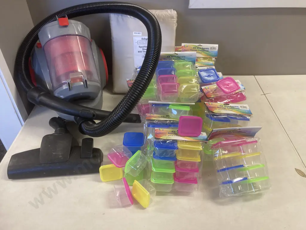 Living & Co Vacuum Cleaner, Living & Co Super King Sheet Set & New PK Mini Square Storage Containers Image 1++
