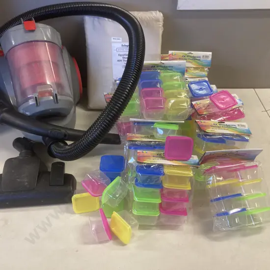 Living & Co Vacuum Cleaner, Living & Co Super King Sheet Set & New PK Mini Square Storage Containers