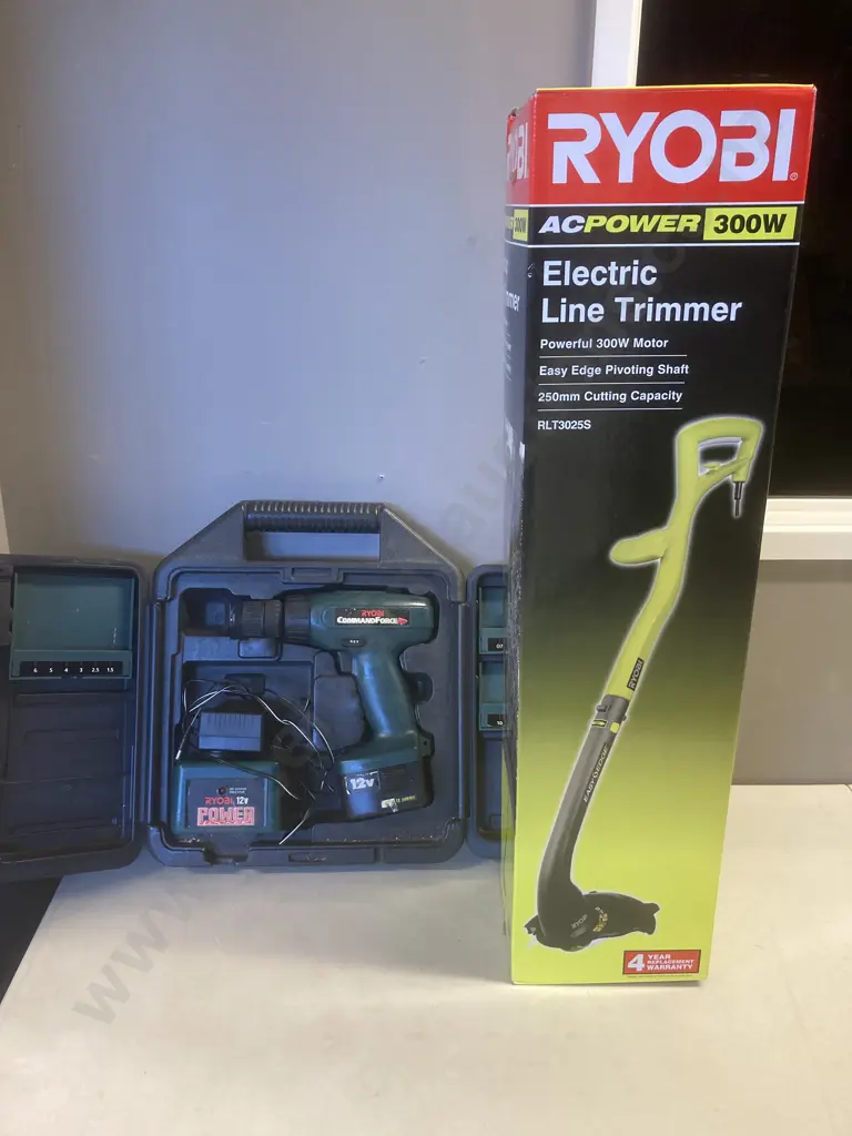 Ryobi 300W Electric Line Trimmer, 12V Cordless Driver Drill With Battery & Charger In Case Image 1++