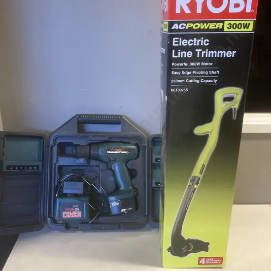 Ryobi 300W Electric Line Trimmer, 12V Cordless Driver Drill With Battery & Charger In Case