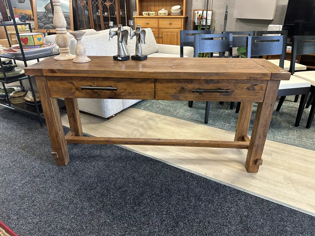 Industrial Console Table, Two Drawers, Wooden With Metal Industrial Handles. H76 W160 D45cm Image 1++