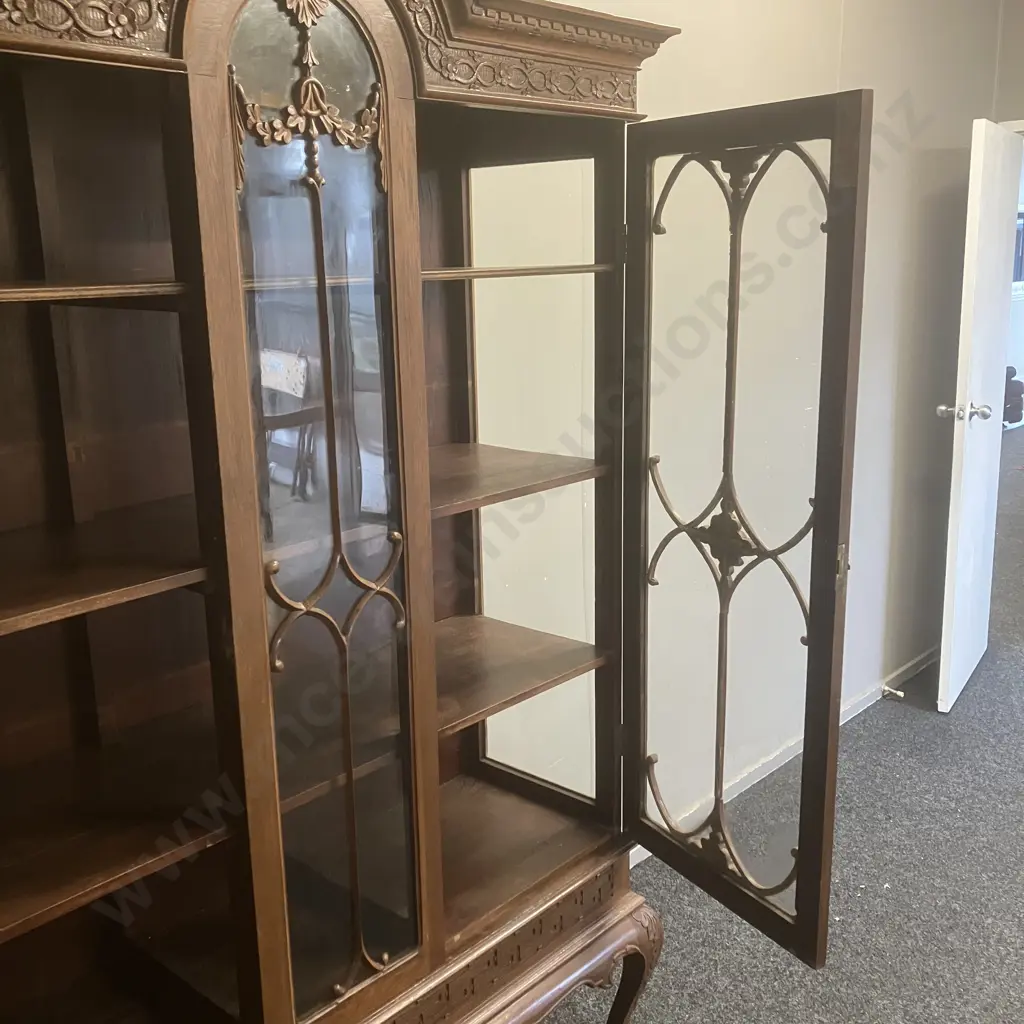 Art Deco Oak Very Ornate Heavily Carved Curio Cabinet / Glazed Bookcase, 2 Fretted Glass Doors, Ball & Claw Feet Image 1++