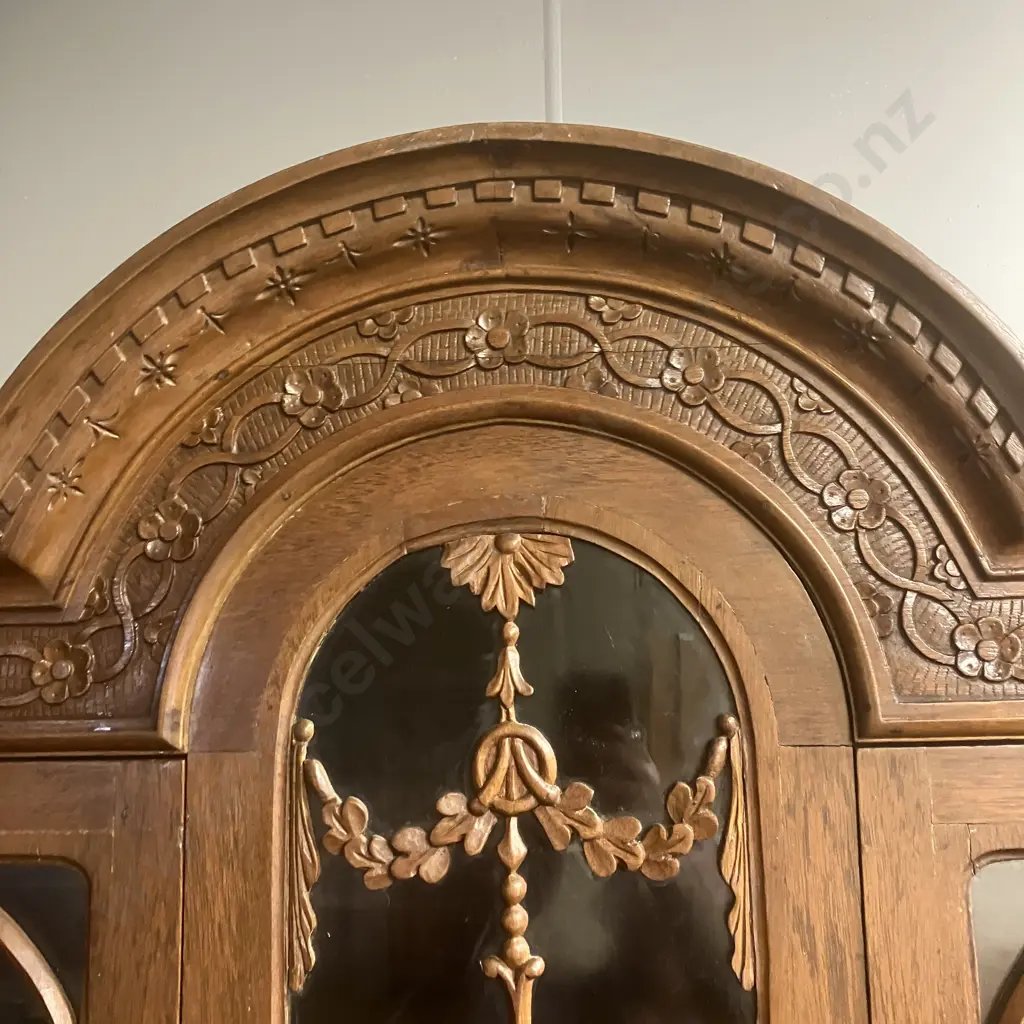 Art Deco Oak Very Ornate Heavily Carved Curio Cabinet / Glazed Bookcase, 2 Fretted Glass Doors, Ball & Claw Feet Image 1++