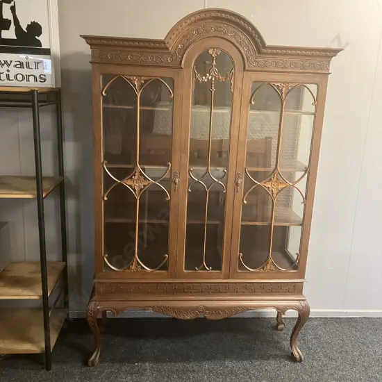 Art Deco Oak Very Ornate Heavily Carved Curio Cabinet / Glazed Bookcase, 2 Fretted Glass Doors, Ball & Claw Feet