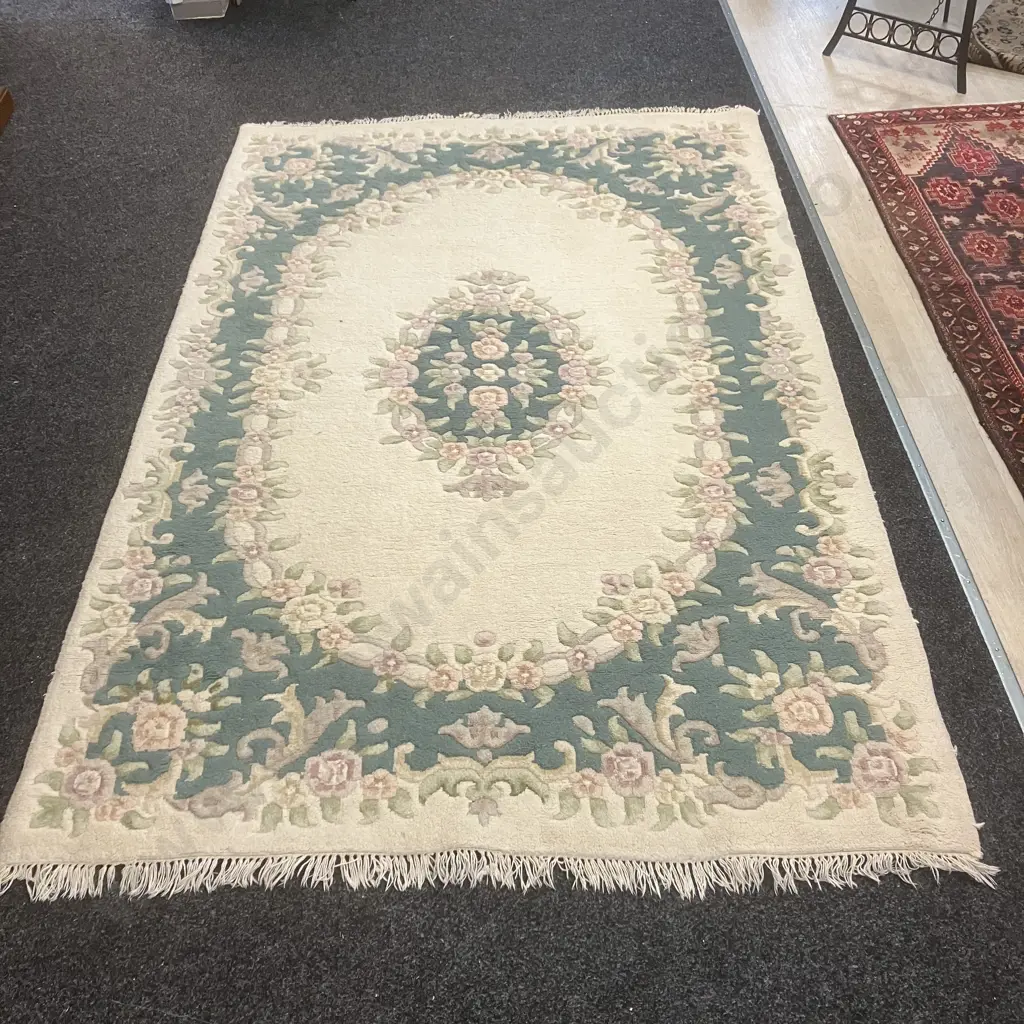 Woollen Floor Rug - 240 x 156cm White / Greens / Burgundy Colours Image 1++
