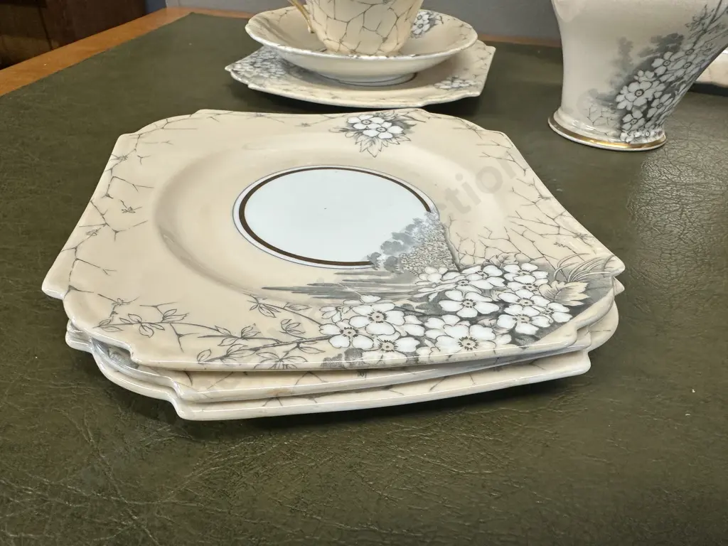 Aynsley Art Deco Grey Flower Patterned Teaware Including Trios x3, Cake Plate, Creamer, Sugar Bowl & Extras (as found) Image 1++