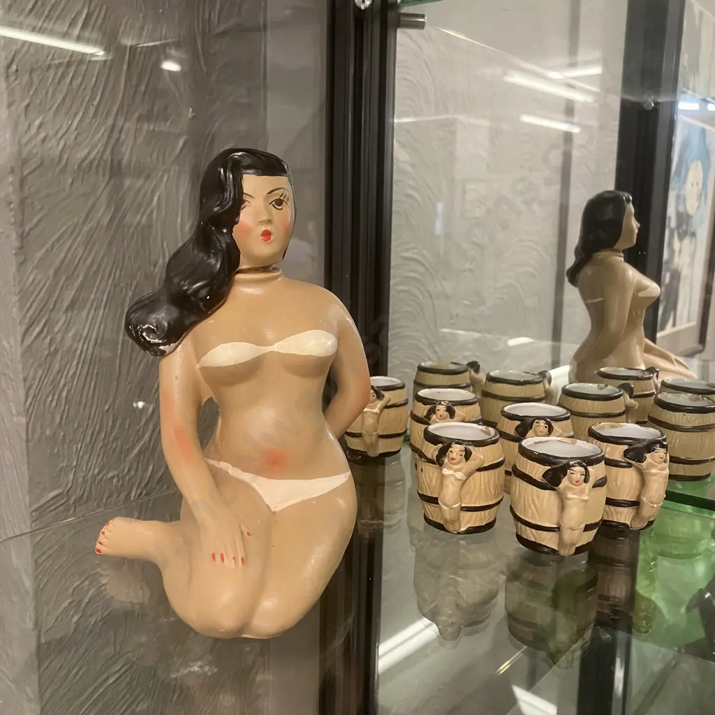 Mid Century Japan Ceramic Lady In Bikini Decanter With Six Small Cups Image 1++