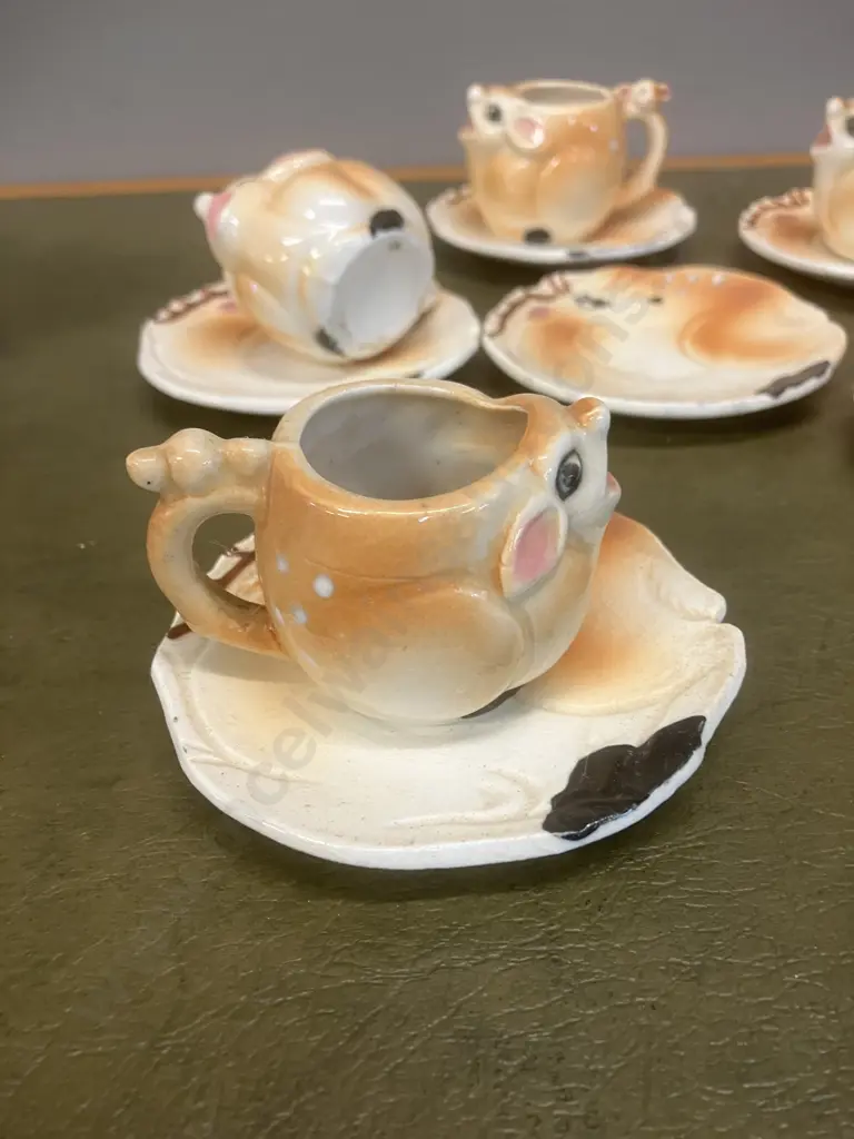 1950s Rudolph Reindeer Christmas Tea Set Includes Teapot, Creamer, Sugar Bowl, Cups & Saucers - 14 Piece Made In Japan Image 1++