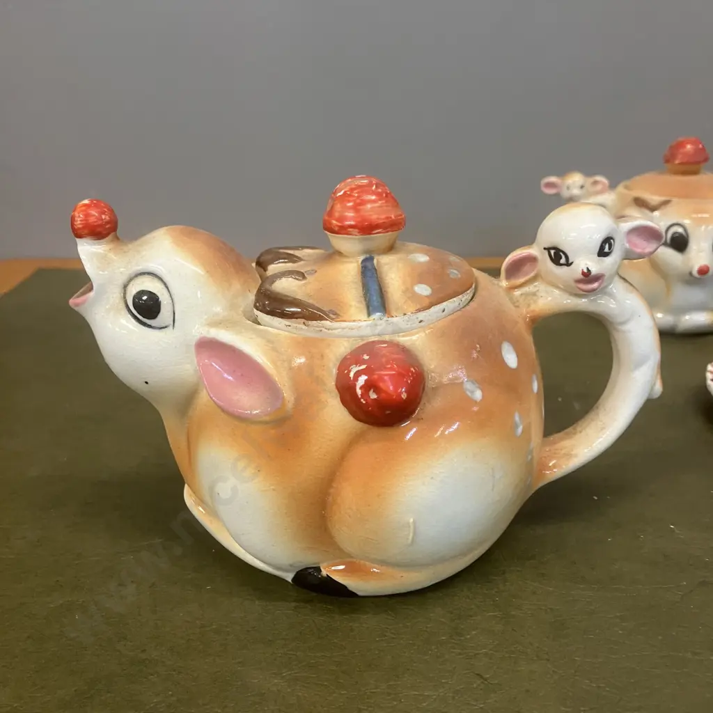 1950s Rudolph Reindeer Christmas Tea Set Includes Teapot, Creamer, Sugar Bowl, Cups & Saucers - 14 Piece Made In Japan Image 1++