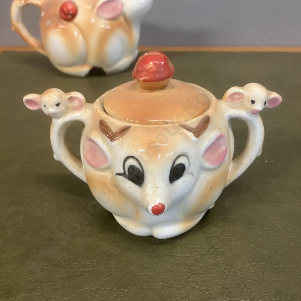 1950s Rudolph Reindeer Christmas Tea Set Includes Teapot, Creamer, Sugar Bowl, Cups & Saucers - 14 Piece Made In Japan Image 1++