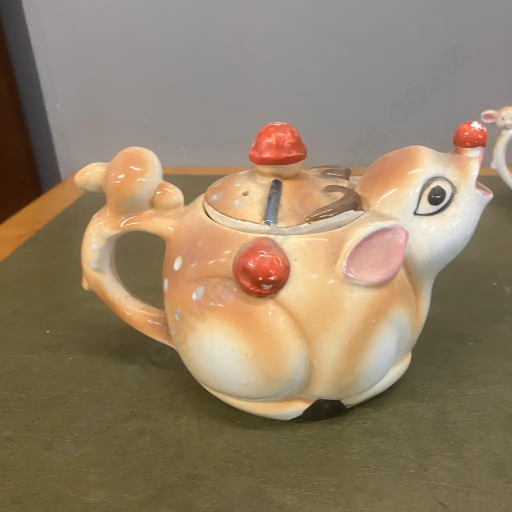 1950s Rudolph Reindeer Christmas Tea Set Includes Teapot, Creamer, Sugar Bowl, Cups & Saucers - 14 Piece Made In Japan Image 1++