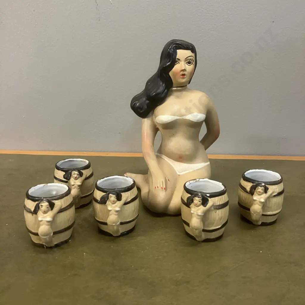 Mid Century Japan Ceramic Lady In Bikini Decanter With Five Small Cups Image 1++