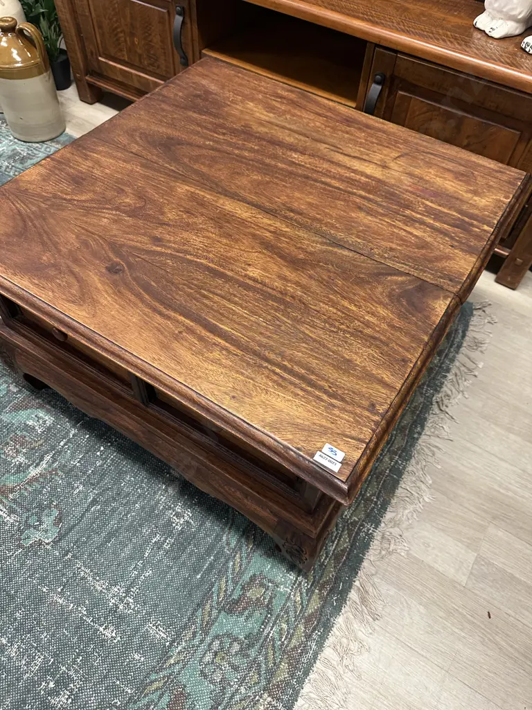 Teak 2 Drawer Square Coffee Table, Carved Legs. 43 x 76cm Image 1++