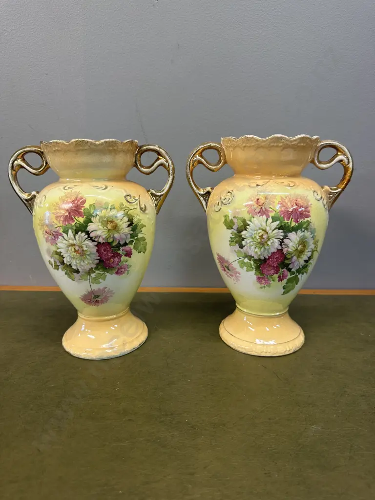 Pair Of Victorian Hand Painted Floral Vases (as found) H23cm. Image 1++
