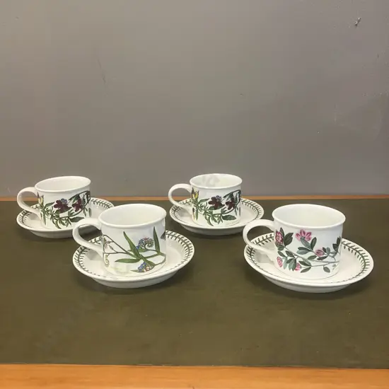 Portmeirion Botanic Garden Drum Flat Cup And Saucers x 4 - Forget Me Not, Heartsease & Rhododendron