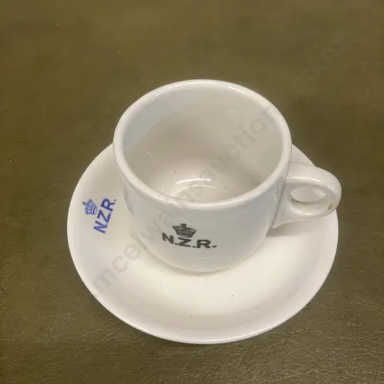 Crown Lynn New Zealand Railways Cup and Saucer - Black Logo on Grey Cup & Blue Logo On White Saucer