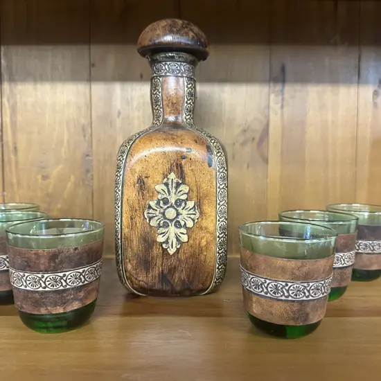 Decorative Italian Wooden Decanter & Six Green Tumblers