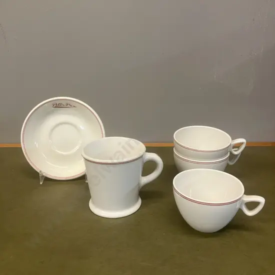 Vintage Crown Lynn Mug & Three Cups Hotel Ware - Vitrified White With Two Red Stripes (1960s)