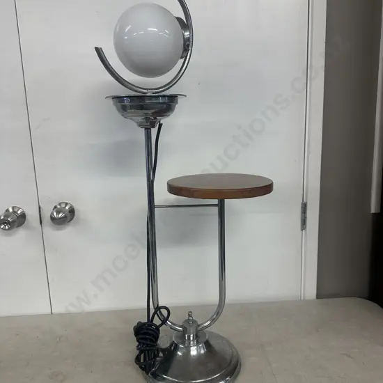 Art Deco Chrome Plated Small Round Wooden Table Lamp