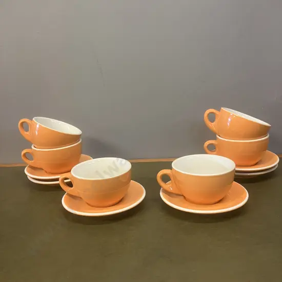 Orange & White Latte Cups With Saucers x 6 - Rockingham