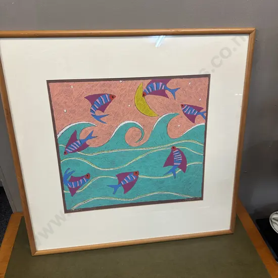 Signed Framed Artwork Titled Fish Flyers 70x70cm.