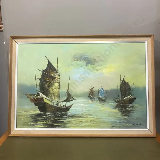 Vintage 'Chinese Junks' Framed Oil Painting. 58 x 83.5cm