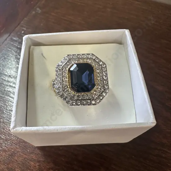 Large Dress Ring Gold Coloured With Blue & Clear Stones