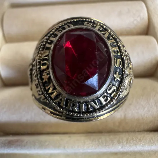 US Marines Military Ring, Gold Tone with Red Crystal Stone