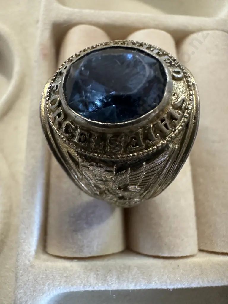 United States Airforce Military Ring, Gold Tone With Oval Blue Crystal Stone Image 1++