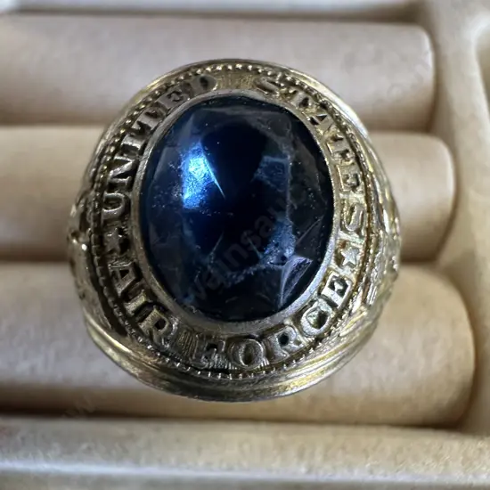 United States Airforce Military Ring, Gold Tone With Oval Blue Crystal Stone