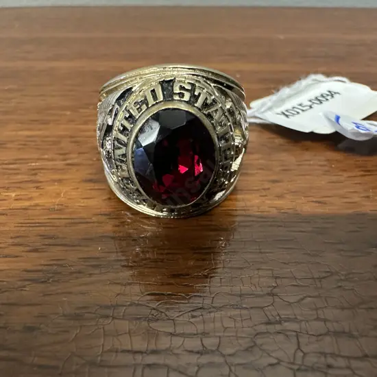United States Army Military Ring, Gold Tone With Red Crystal Stone