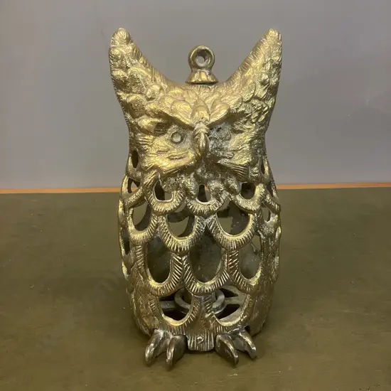 Vintage Large Heavy Brass Horned Owl Lantern Candle Holder. H26cm