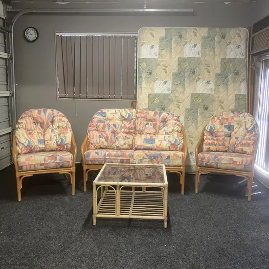 Garry Masters Rattan & Cane 2 Seater Sofa With 2 Armchairs & Glass Topped Coffee Table - Bright Abstract Floral Fabric