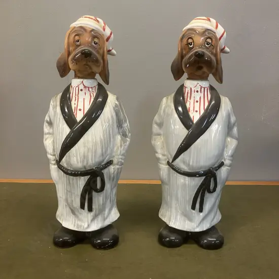 Pair of Vintage Sleepy Hound Dog Ceramic Decanters - Japan Mid Century. H32cm