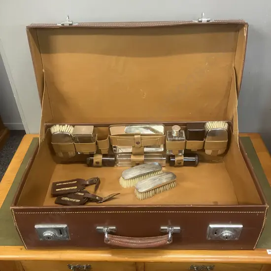 1930's Gentleman's Leather Fitted Suitcase, Sterling Silver Tops & Brushes All Hallmarked Aidie Brothers Ltd Birmingham