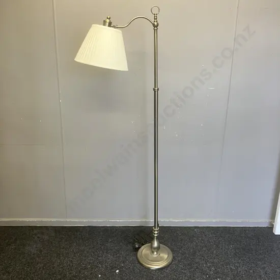 Austrabeam / Stylelux Floor Lamp With White Fabric Shade, Tilt Adjustable Head, Brushed Finish. H166cm