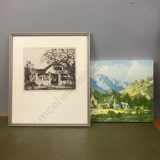 Welgemeende Original Etching by Tinus de Jong. 45 x 39.5cm With a Print of a Mountain Landscape With Cottage. 30 x 45cm
