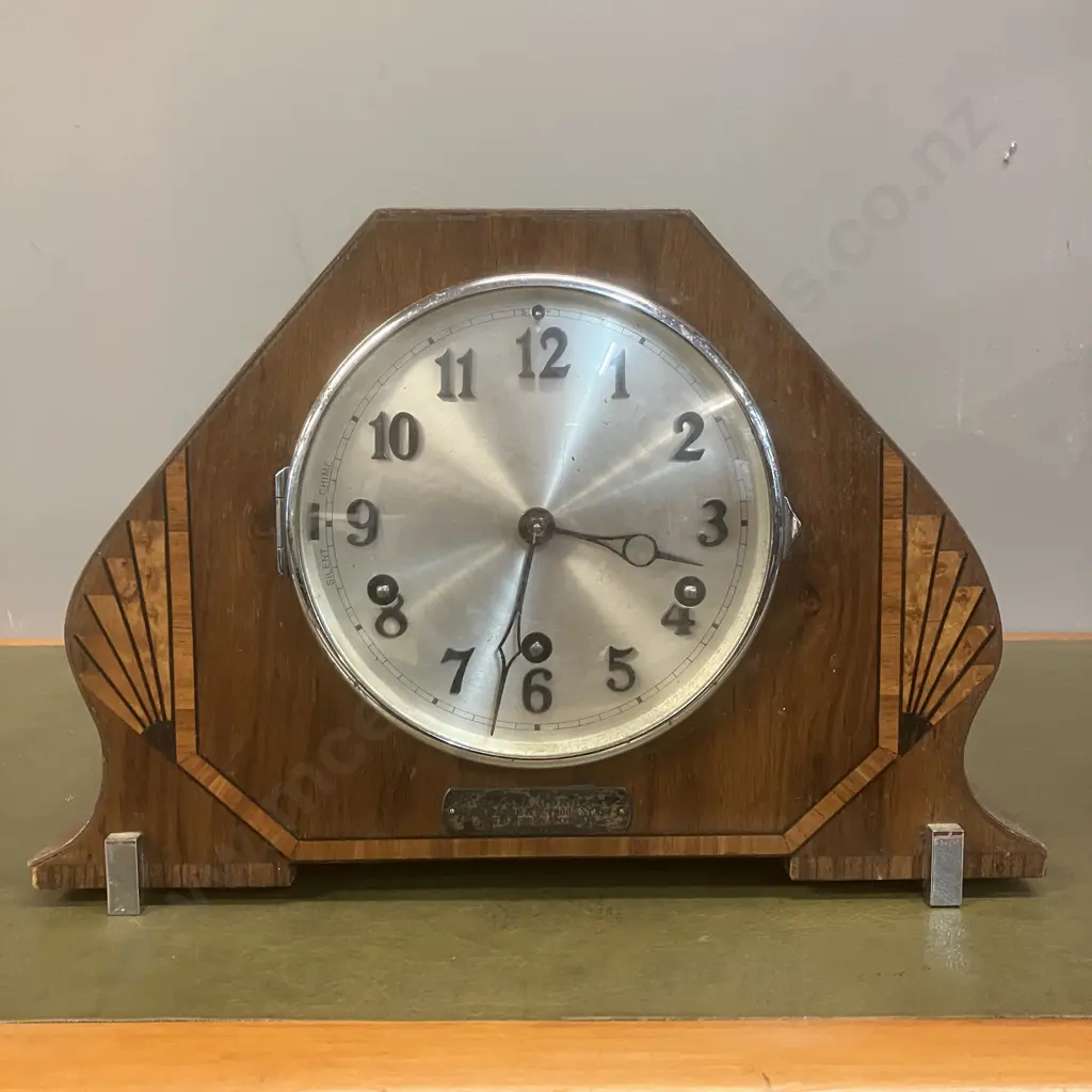 Art Deco Chiming Mantle Clock With Key (Presentation Plaque On Front Dated June 1935) Image 1++