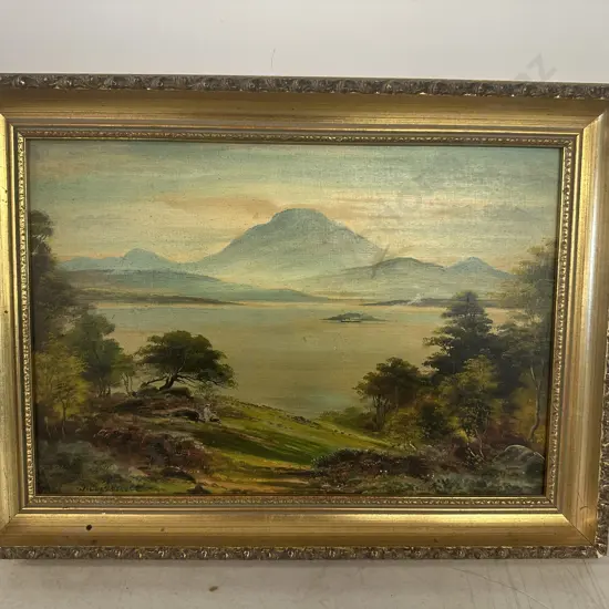 Vintage Ornate Gilt Framed Artwork Signed Willis Pryce 'Highland Lock Scene H32,W43cm.