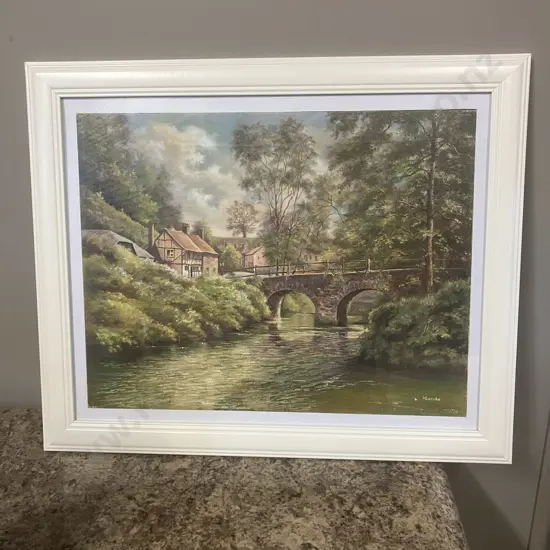 Lawrence Gercke, Cobblestone Bridge With Brooke Oil on Canvas Board, Signed. 47 x 57cm