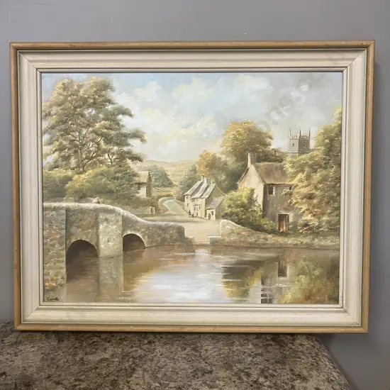 Lawrence Gercke, Cobblestone Bridge With Castle in Background Oil on Canvas Board, Signed. 43 x 547cm
